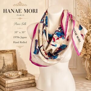 Hanae Mori Butterfly Silk Scarf 35x35 Signature Print 1970s Japan Hand Rolled